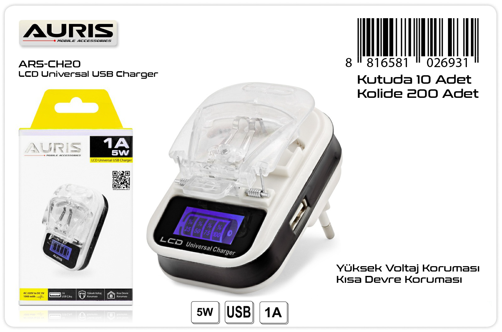 Auris CH20 LCD Batarya Şarj – 1A USB Akıllı Şarj Cihazı